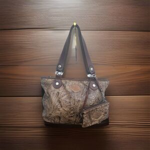 Harley-Davidson Tooled Leather Tote Bag Brown Floral Embossed + Wristlet Western